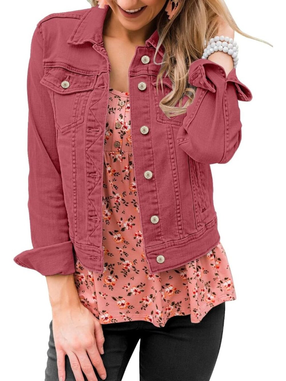 Women's Red Long Sleeve Classic Front Button Chest Pockets Denim Jacket Casual